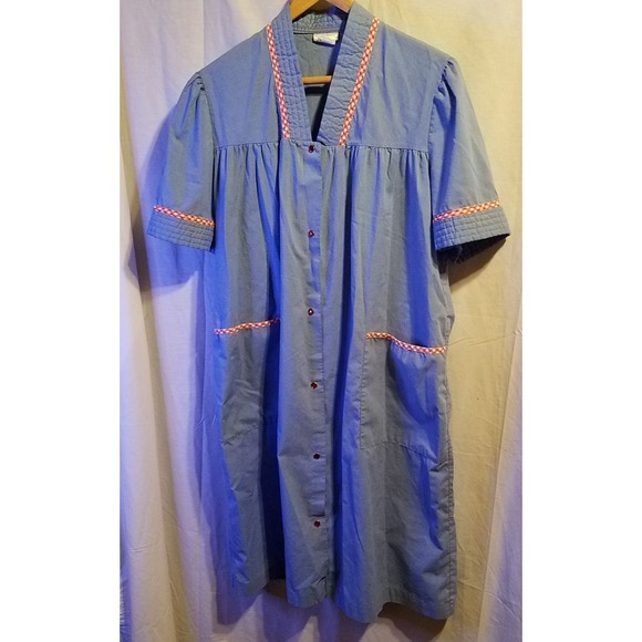 SIMPLY BASIC Blue Red/White Checkered Pocket House Dress Women's Size M VTG - Picture 1 of 4